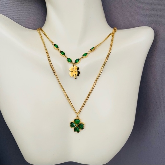 Gold and Green Clover Necklace Stainless Steel - Picture 1 of 4